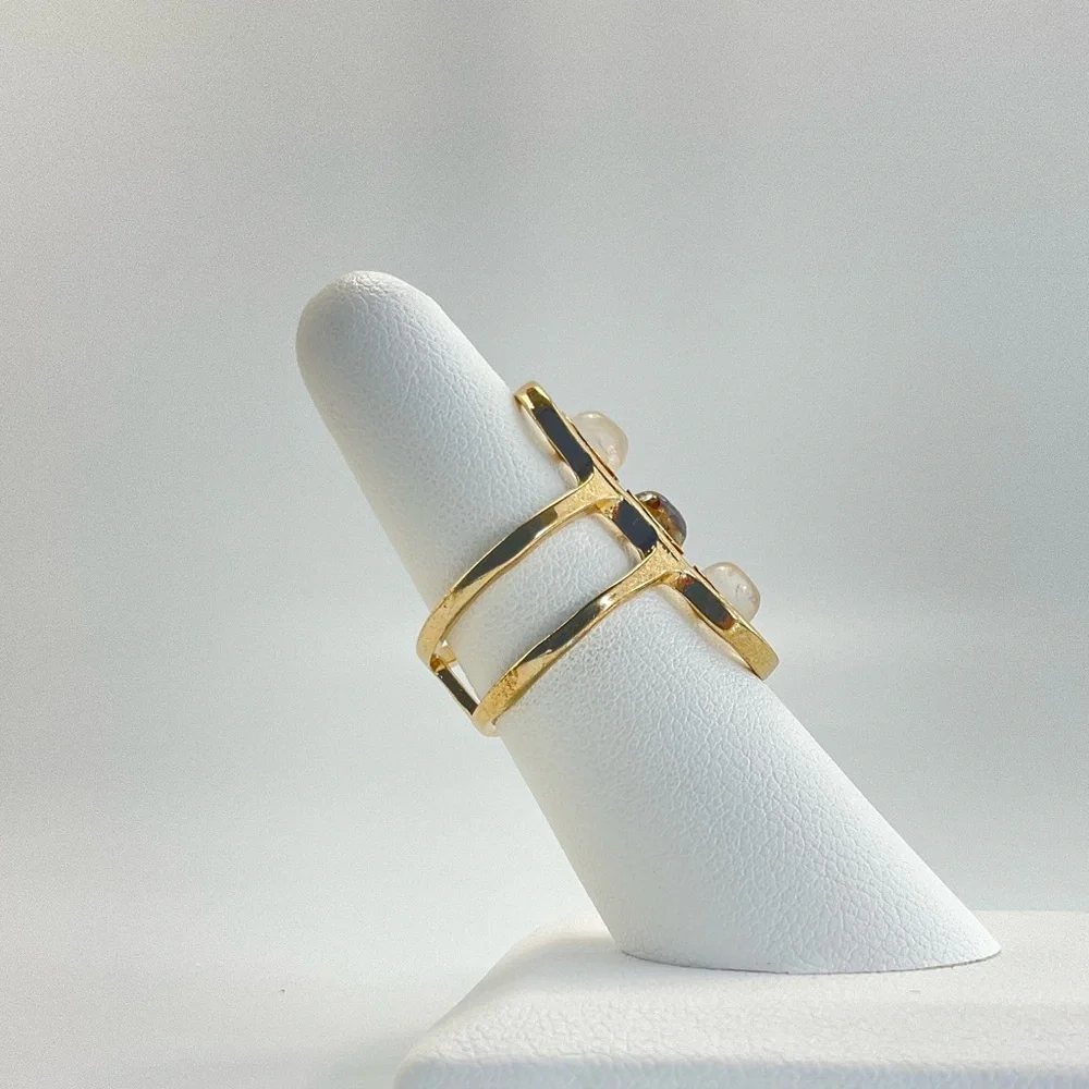 Vintage, Clear Quartz, Abalone, & Moonstone Ring, Modern Style, Celestial